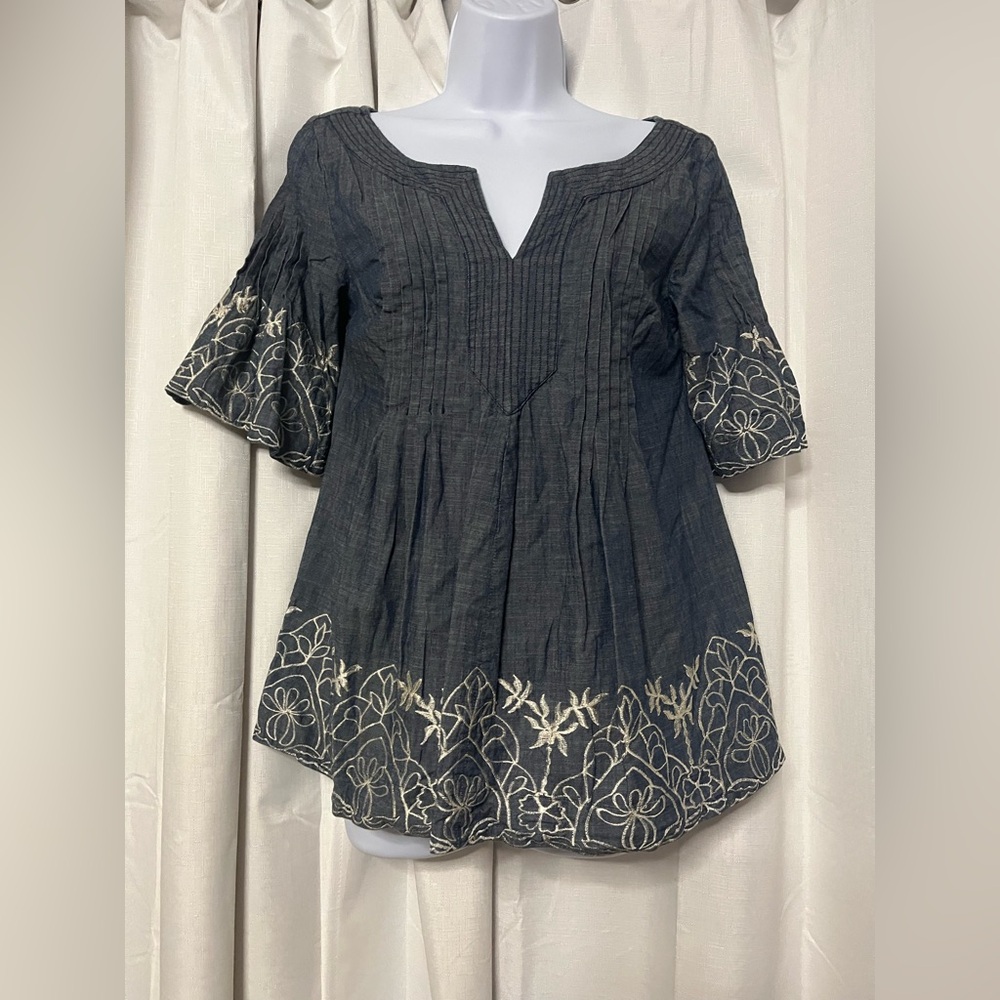 eShakti Women’s Tunic Chambray Embroidered Fairy Boho Cottagecore Top Size 0